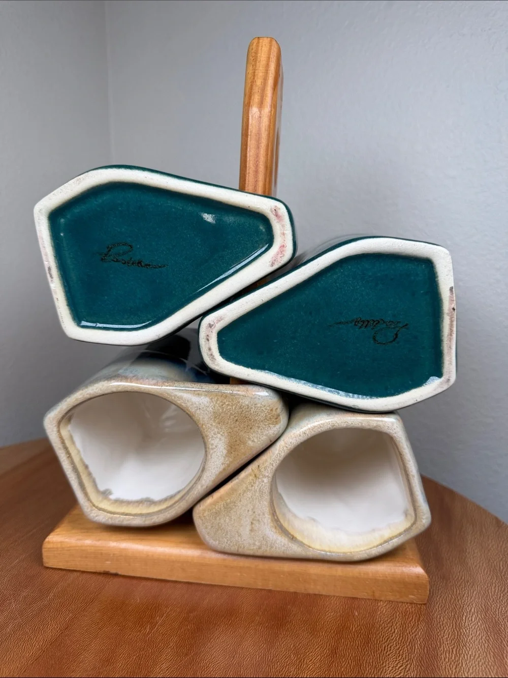 Vtg Padilla Blue Drip Glaze Stacking Signed 4 Coffee Mugs & Wood Stand Mexican